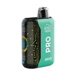 Load image into Gallery viewer, A Fume Pro 30K disposable vape in flavor Miami mint in a green and black design with a glowing, abstract pattern on the black side.