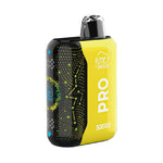 Load image into Gallery viewer, A Fume Pro 30K disposable vape in flavor Peach Ice in a yellow and black design with a glowing, abstract pattern on the black side.