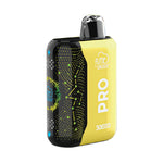Load image into Gallery viewer, A Fume Pro 30K disposable vape in flavor Pineapple Paradise in a yellow and black design with a glowing, abstract pattern on the black side.