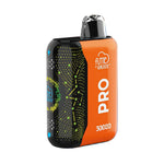 Load image into Gallery viewer, A Fume Pro 30K disposable vape in flavor Strawberry Wind in a orange and black design with a glowing, abstract pattern on the black side.