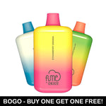 Load image into Gallery viewer, FUME Recharge by Qrjoy Disposable Vapes BOGO - Buy One Get One Free promotion, showcasing Strawberry Banana (Pink/Yellow), Watermelon (Green/Orange), and a blue flavor (likely Ice or Berry) with the ombré bottle design.