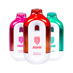Load image into Gallery viewer, BIGMO Big Tank Series disposable vapes, featuring a bottle-shaped design and white body with clear colored tops, shown in three flavors: Strawberry Watermelon (Red), Strawberry Kiwi Ice (Pink), and Blue Mint (Teal)