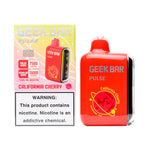 Load image into Gallery viewer, A product image of a disposable vape, the Geek Bar Pulse 15000 in the California Cherry flavor. The image displays both the packaging box on the left and the device itself on the right.
