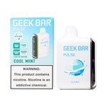 Load image into Gallery viewer, A product image of a disposable vape, the Geek Bar Pulse 15000 in the Cool Mint flavor. The image displays both the packaging box on the left and the device itself on the right.