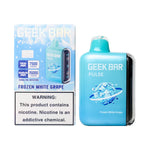 Load image into Gallery viewer, A product image of a disposable vape, the Geek Bar Pulse 15000 in the Frozen White Grape flavor. The image displays both the packaging box on the left and the device itself on the right.