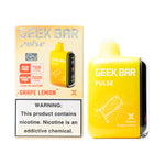 Load image into Gallery viewer, A product image of a disposable vape, the Geek Bar Pulse 15000 in the Grape Lemon flavor. The image displays both the packaging box on the left and the device itself on the right.