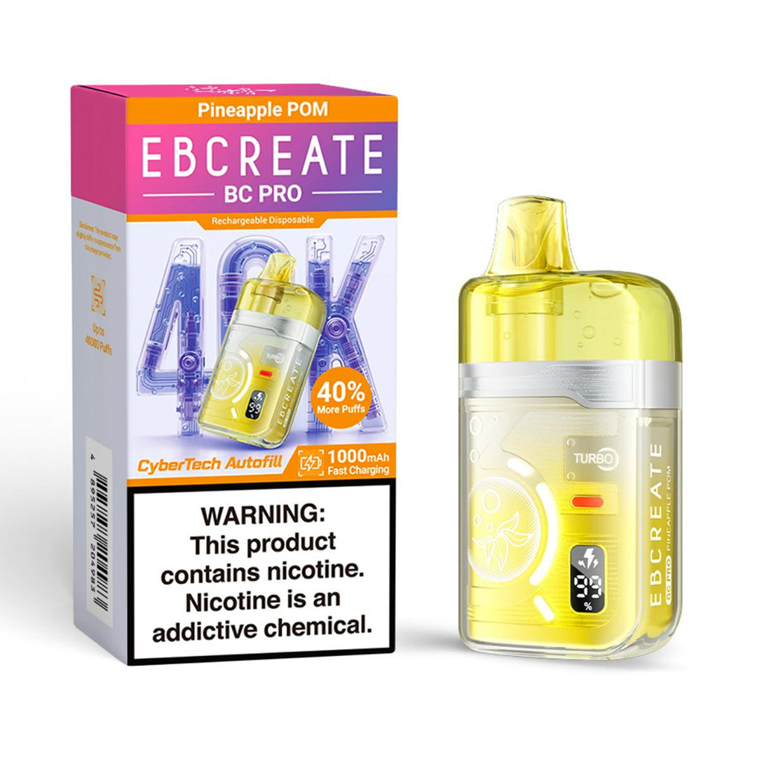 EBCREATE BC PRO Rechargeable Disposable Vape in Pineapple POM flavor, highlighting the CyberTech Autofill, 40,000 Puffs, TURBO mode, and 1000mAh Fast Charging features.