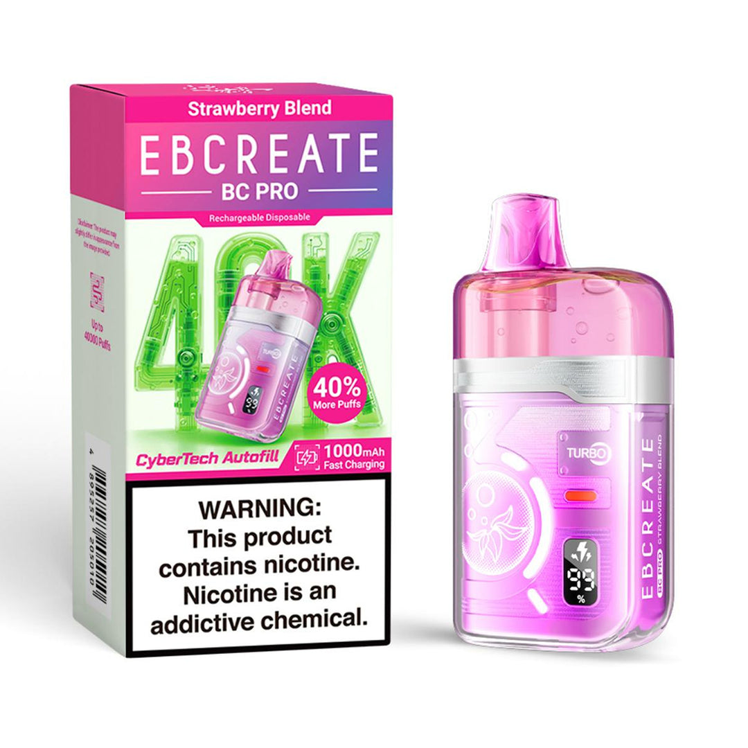 EBCREATE BC PRO Rechargeable Disposable Vape in Strawberry Blend flavor, highlighting the CyberTech Autofill, 40,000 Puffs, TURBO mode, and 1000mAh Fast Charging features.