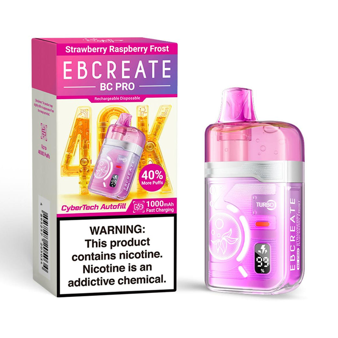 EBCREATE BC PRO Rechargeable Disposable Vape in Strawberry Raspberry Frost flavor, highlighting the CyberTech Autofill, 40,000 Puffs, TURBO mode, and 1000mAh Fast Charging features.