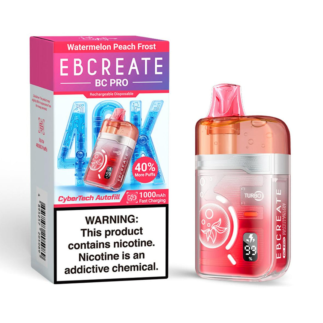 EBCREATE BC PRO Rechargeable Disposable Vape in Watermelon Peach Frost flavor, highlighting the CyberTech Autofill, 40,000 Puffs, TURBO mode, and 1000mAh Fast Charging features.