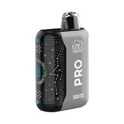 A Fume Pro 30K disposable vape in flavor Baja Blast in a gray and black design with a glowing, abstract pattern on the black side.