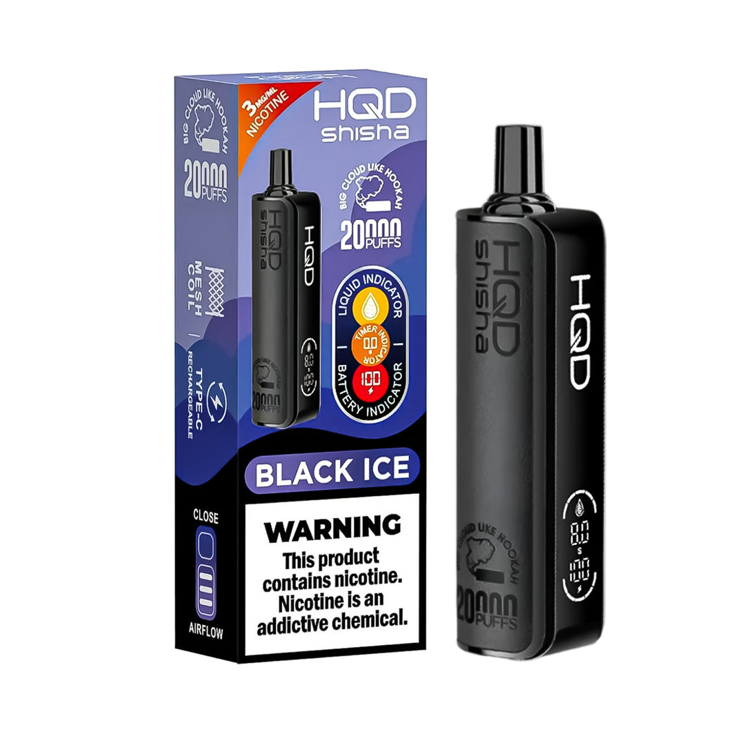 HQD Shisha 20K Black Ice Disposable Vape – up to 20,000 puffs, 3% nicotine strength, rechargeable device featuring bold blackcurrant flavor with an icy menthol finish.