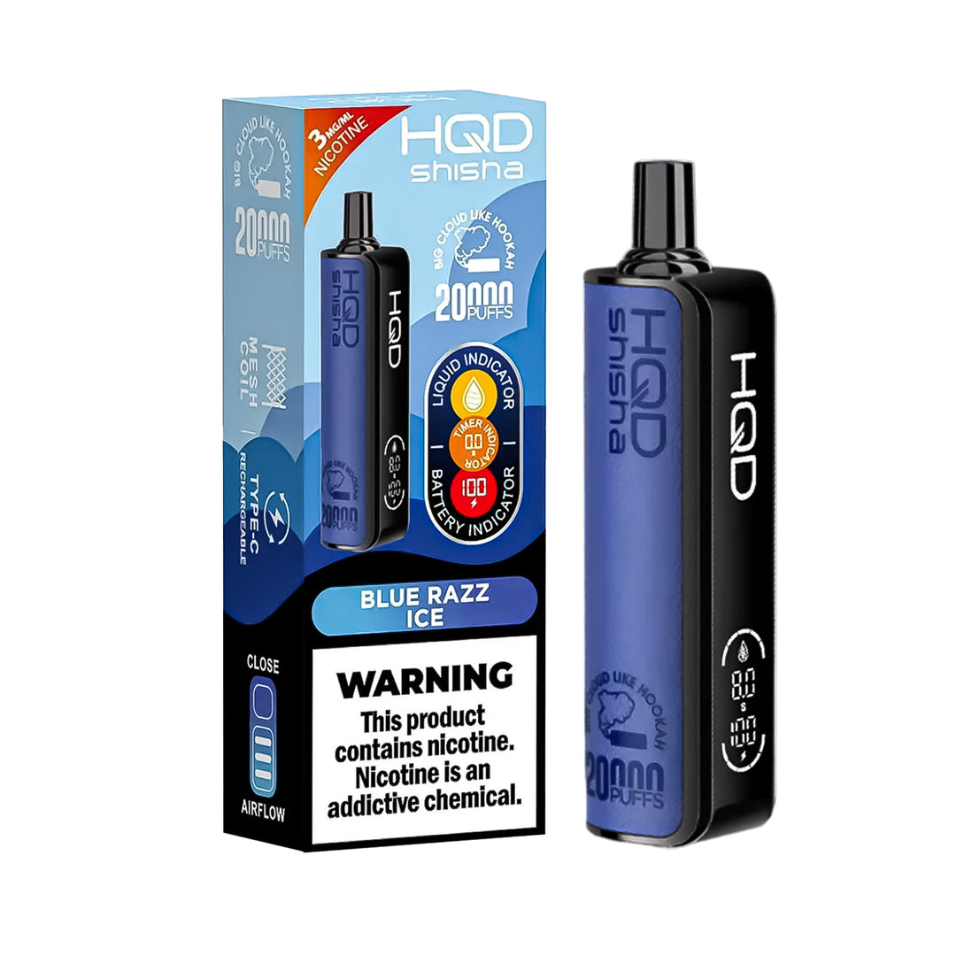 HQD Shisha 20K Blue Razz Ice Disposable Vape – up to 20,000 puffs, 3% nicotine, rechargeable e-cigarette with icy blue raspberry flavor.