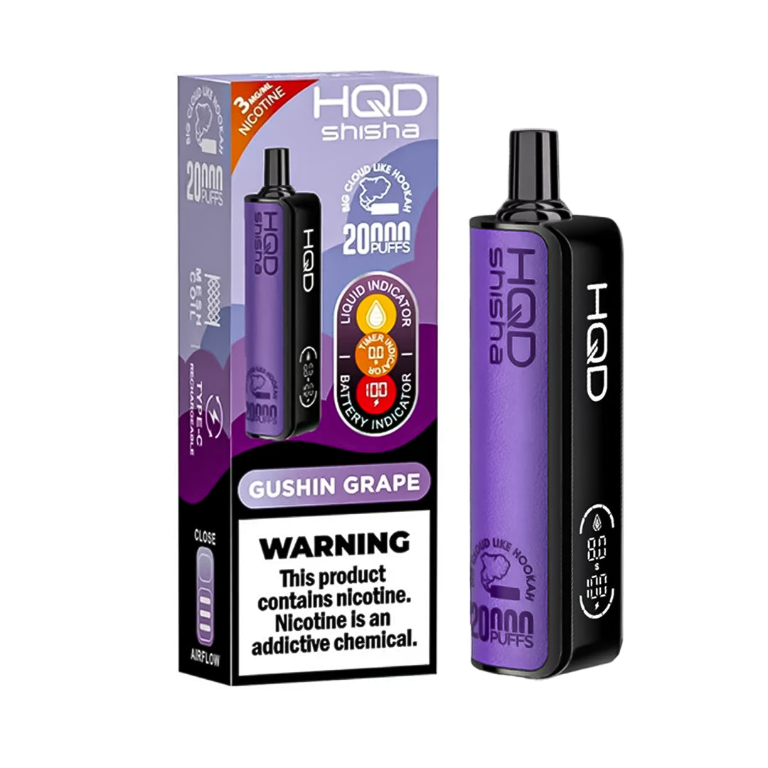 HQD Shisha 20K Gushin Grape Disposable Vape – up to 20,000 puffs, 3% nicotine, rechargeable device featuring bold grape flavor.