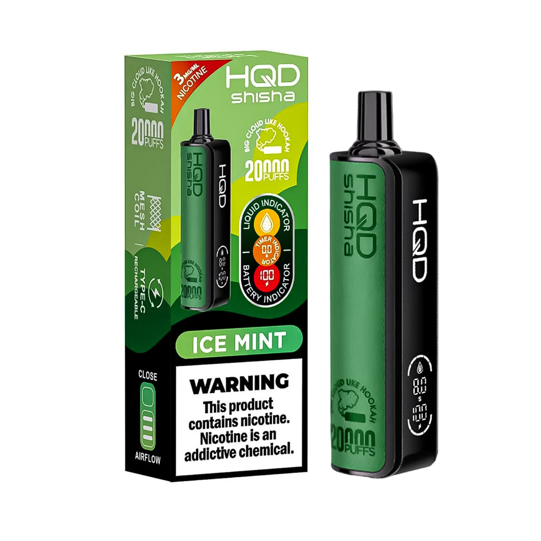 HQD Shisha 20K Ice Mint Disposable Vape – up to 20,000 puffs, 3% nicotine, rechargeable device with a crisp pure mint and icy finish.
