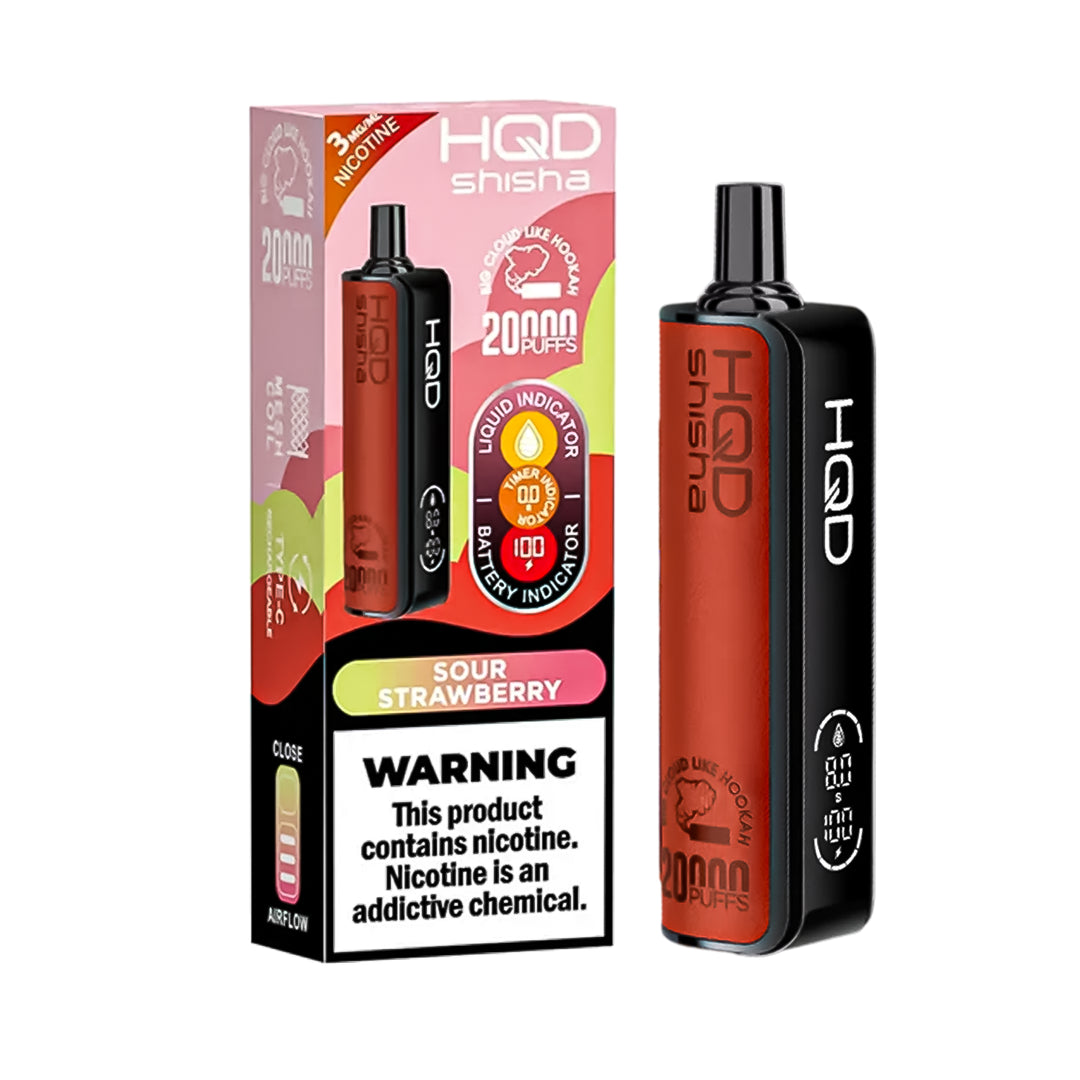 HQD Shisha 20K Sour Strawberry Disposable Vape – up to 20,000 puffs, 3% nicotine, rechargeable device delivering juicy sour strawberry flavor.