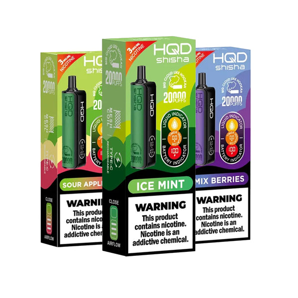 HQD Shisha 20000 Puffs Disposable Vape – Sour Apple, Ice Mint, and Mix Berries flavors with 3% nicotine. Rechargeable e-cigarette featuring liquid and battery indicators for long-lasting performance.