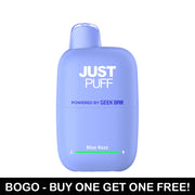 JUST PUFF Blue Razz disposable vape powered by Geek Bar – sleek blue design with BOGO buy one get one free promotion.