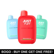 JUST PUFF disposable vapes by Geek Bar, BOGO offer, showing Cool Mint, Watermelon Ice, and Strawberry Watermelon flavors.