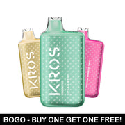 KROS Unlimited 6000 puff disposable vapes – BOGO, 5% salt nicotine, rechargeable USB-C, bold flavors in sleek design.