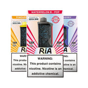 Boxes of RIA NV30K disposables in flavors: Watermelon B-Pop (middle), Pineapple Lime (left) and Blueberry Punch (right) behind it.