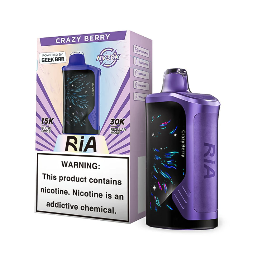 Box of RIA NV30K in flavor Peach Gummy (left side) with its device (right side) in color berry-tone with black screen.