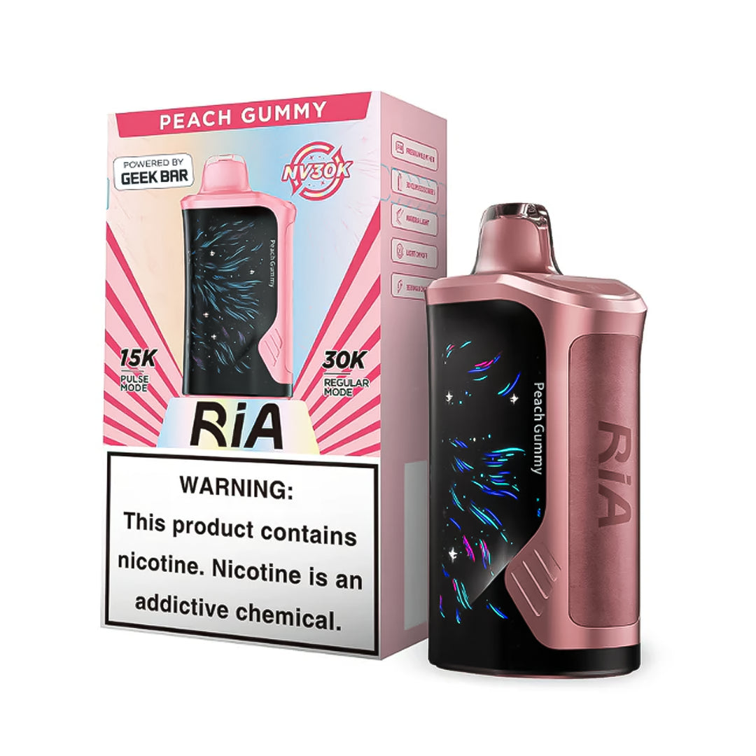 Box of RIA NV30K in flavor Peach Gummy (left side) with its device (right side) in color peach with black screen.