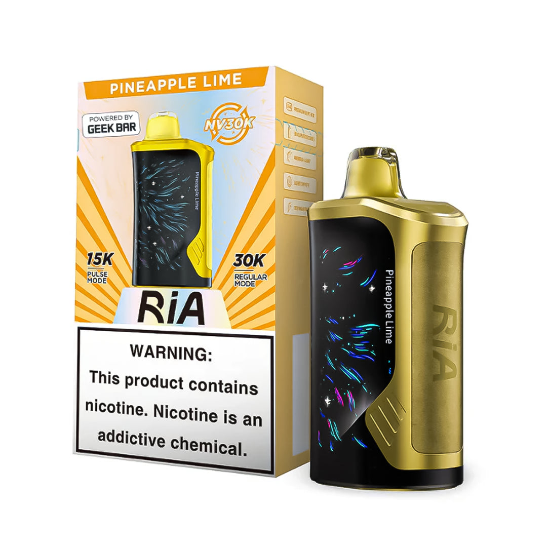 Box of RIA NV30K in flavor Pineapple Lime (left side) with its device (right side) in color yellow with black screen.