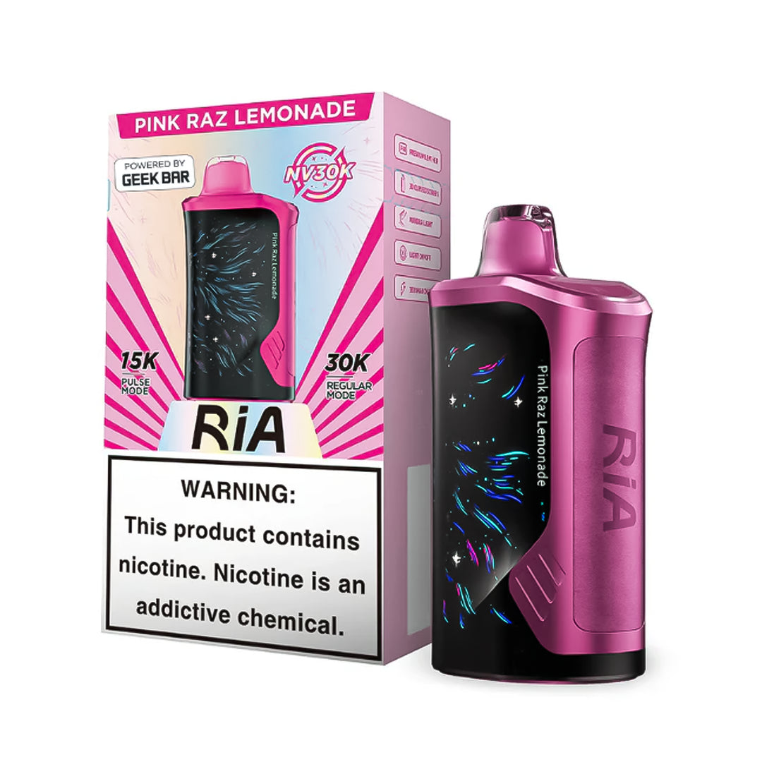 Box of RIA NV30K in flavor Pink Razz Lemonade (left side) with its device (right side) in color pink with black screen.