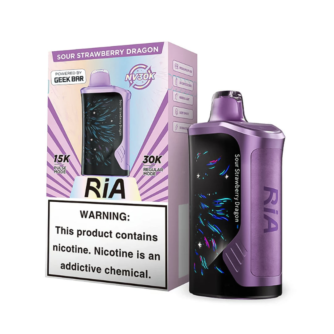 Box of RIA NV30K in flavor Sour Strawberry Dragon (left side) with its device (right side) in color reddish-pink color with black screen.