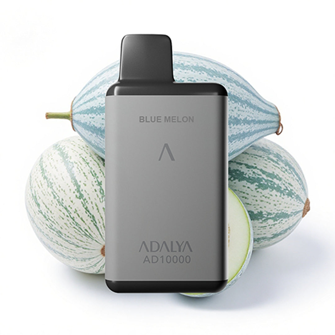 Adalya AD10000 Blue Melon disposable vape – 10,000 puff rechargeable vape device with refreshing blue melon flavor, sleek gray design, and melon background.