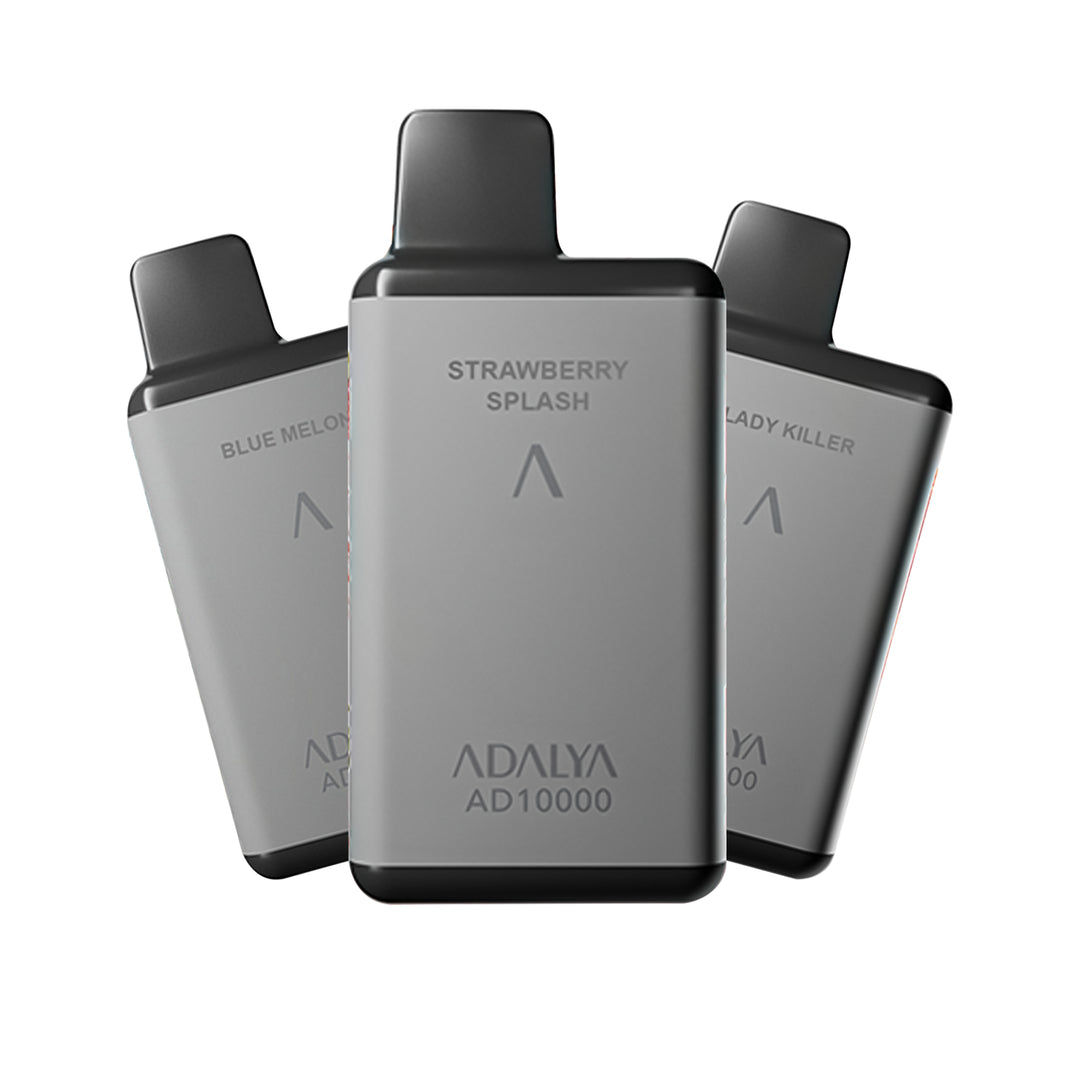 Adalya AD10000 disposable vapes – Strawberry Splash, Lady Killer, and Blue Melon flavors, 10,000 puff rechargeable vape devices.