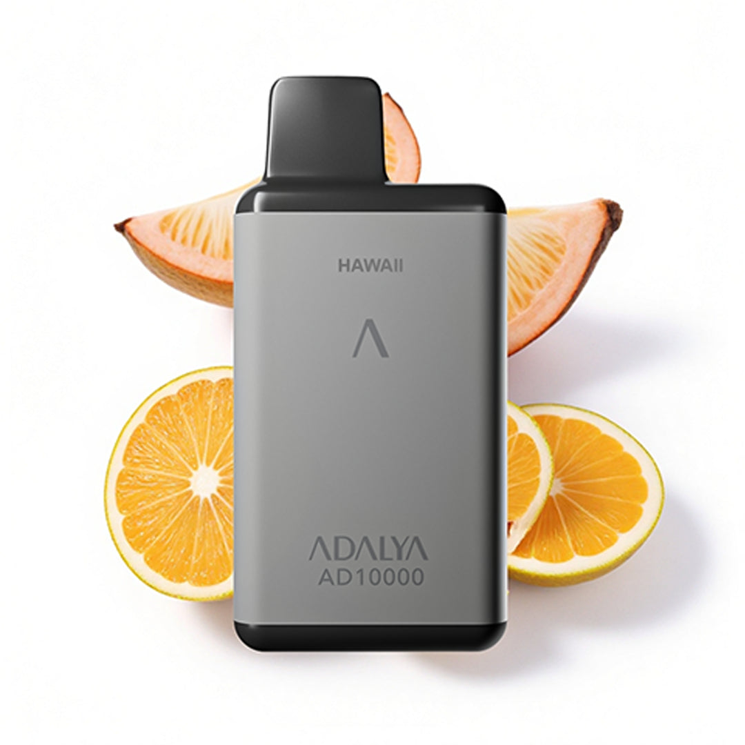 Adalya AD10000 HAWAII flavor disposable vape, high-capacity 10000 puffs vape device, set against slices of fresh orange and grapefruit.