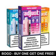 BOGO - Buy One Get One Free promotion for Adjust MySweet Rechargeable Disposable Vapes, showcasing Triple Berry, Blue Razz, and Lemon Heads flavors. Features include 4 adjustable sweetness levels and up to 40,000 puffs.
