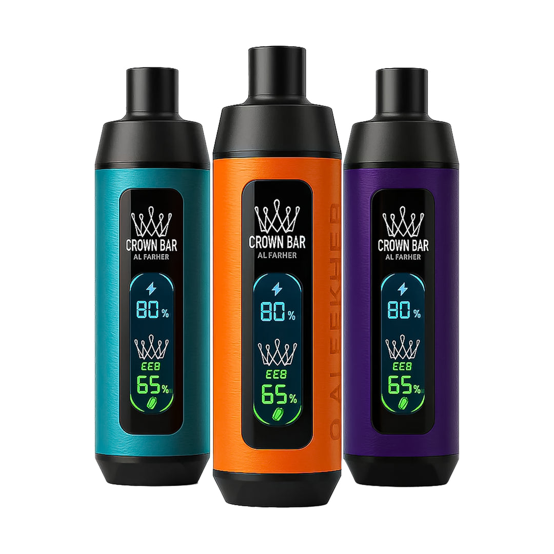 Al Fakher Crown Bar 8000 devices of flavors Mango Tango (middle), Blackcurrant Mint (left) and Cherry Fiesta (right).
