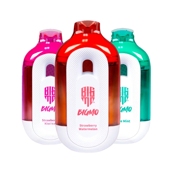 BIGMO Big Tank Series disposable vapes, featuring a bottle-shaped design and white body with clear colored tops, shown in three flavors: Strawberry Watermelon (Red), Strawberry Kiwi Ice (Pink), and Blue Mint (Teal)