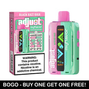Adjust MyFlavor Rechargeable Disposable Vape in Black Razz Baja flavor, showing the device and packaging with '6 adjustable flavors' feature. BOGO - Buy One Get One Free promotion.