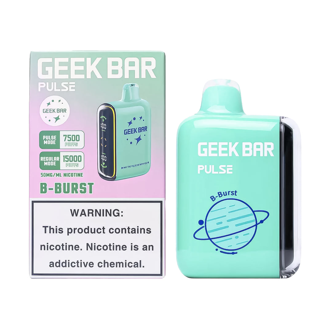 A product image of a disposable vape, the Geek Bar Pulse 15000 in the B-Burst flavor. The image displays both the packaging box on the left and the device itself on the right.