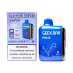Load image into Gallery viewer, A product image of a disposable vape, the Geek Bar Pulse 15000 in the Black Cherry flavor. The image displays both the packaging box on the left and the device itself on the right.
