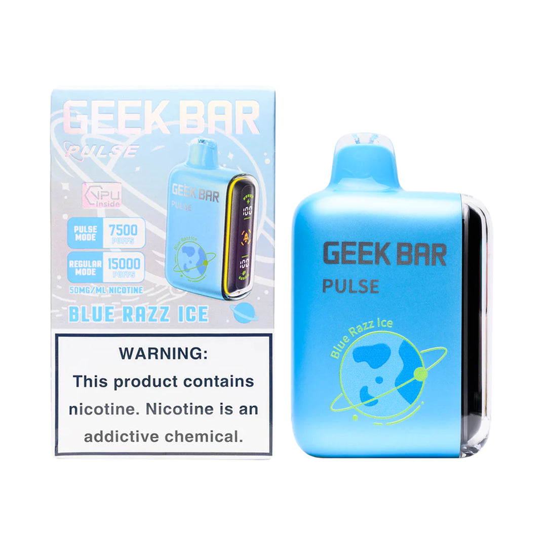 A product image of a disposable vape, the Geek Bar Pulse 15000 in the Blue Razz Ice flavor. The image displays both the packaging box on the left and the device itself on the right.