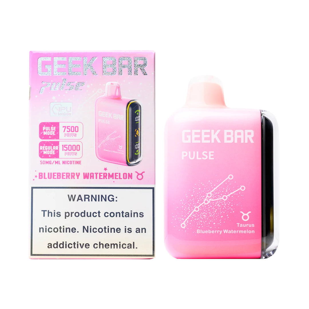 A product image of a disposable vape, the Geek Bar Pulse 15000 in the Blueberry Watermelon flavor. The image displays both the packaging box on the left and the device itself on the right.
