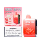 Load image into Gallery viewer, A product image of a disposable vape, the Geek Bar Pulse 15000 in the Cherry Bomb flavor. The image displays both the packaging box on the left and the device itself on the right.
