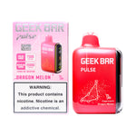 Load image into Gallery viewer, A product image of a disposable vape, the Geek Bar Pulse 15000 in the Dragon Melon flavor. The image displays both the packaging box on the left and the device itself on the right.
