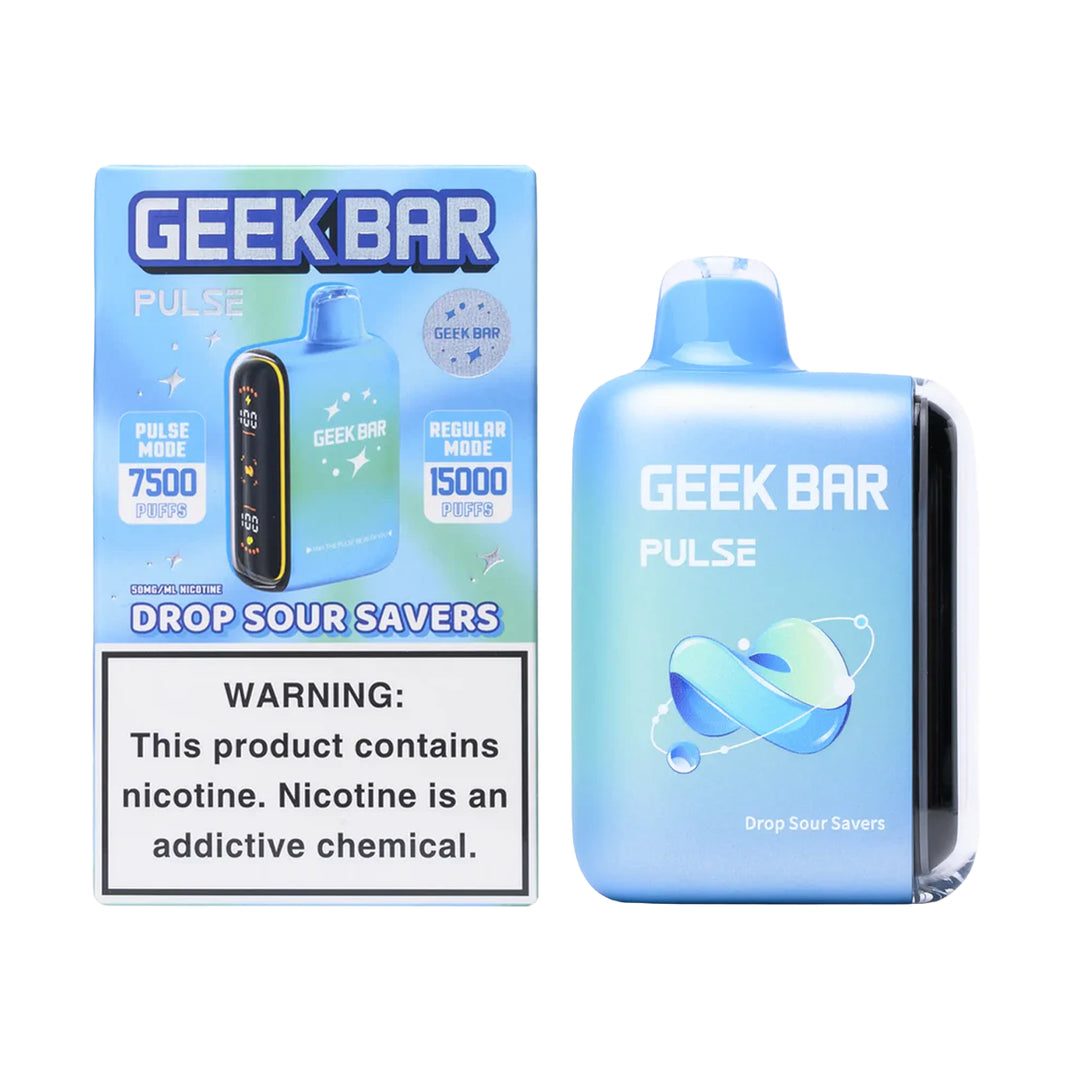 A product image of a disposable vape, the Geek Bar Pulse 15000 in the Drop Sour Savers flavor. The image displays both the packaging box on the left and the device itself on the right.