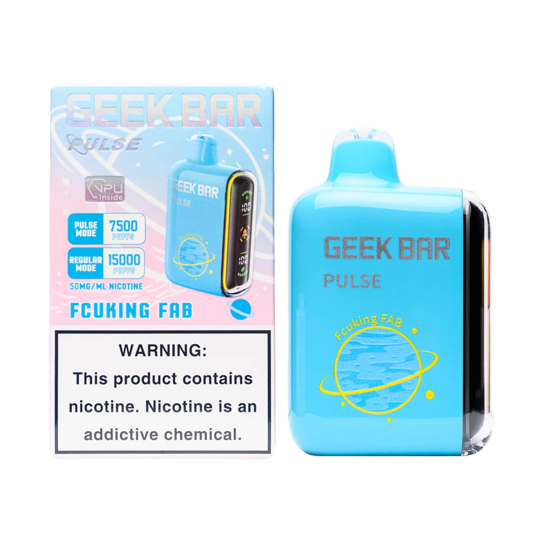 A product image of a disposable vape, the Geek Bar Pulse 15000 in the Fcuking Fab flavor. The image displays both the packaging box on the left and the device itself on the right.