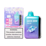 Load image into Gallery viewer, A product image of a disposable vape, the Geek Bar Pulse 15000 in the Frozen Blackberry Fab flavor. The image displays both the packaging box on the left and the device itself on the right.
