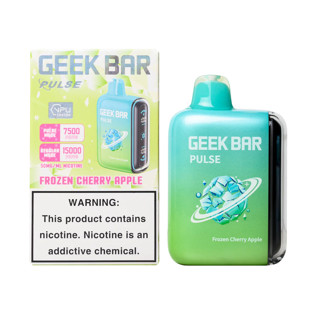 A product image of a disposable vape, the Geek Bar Pulse 15000 in the Frozen Cherry Apple flavor. The image displays both the packaging box on the left and the device itself on the right.