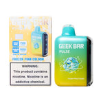 Load image into Gallery viewer, A product image of a disposable vape, the Geek Bar Pulse 15000 in the Frozen Pina Colada flavor. The image displays both the packaging box on the left and the device itself on the right.
