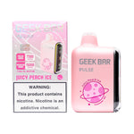 Load image into Gallery viewer, A product image of a disposable vape, the Geek Bar Pulse 15000 in the Juicy Peach Ice flavor. The image displays both the packaging box on the left and the device itself on the right.
