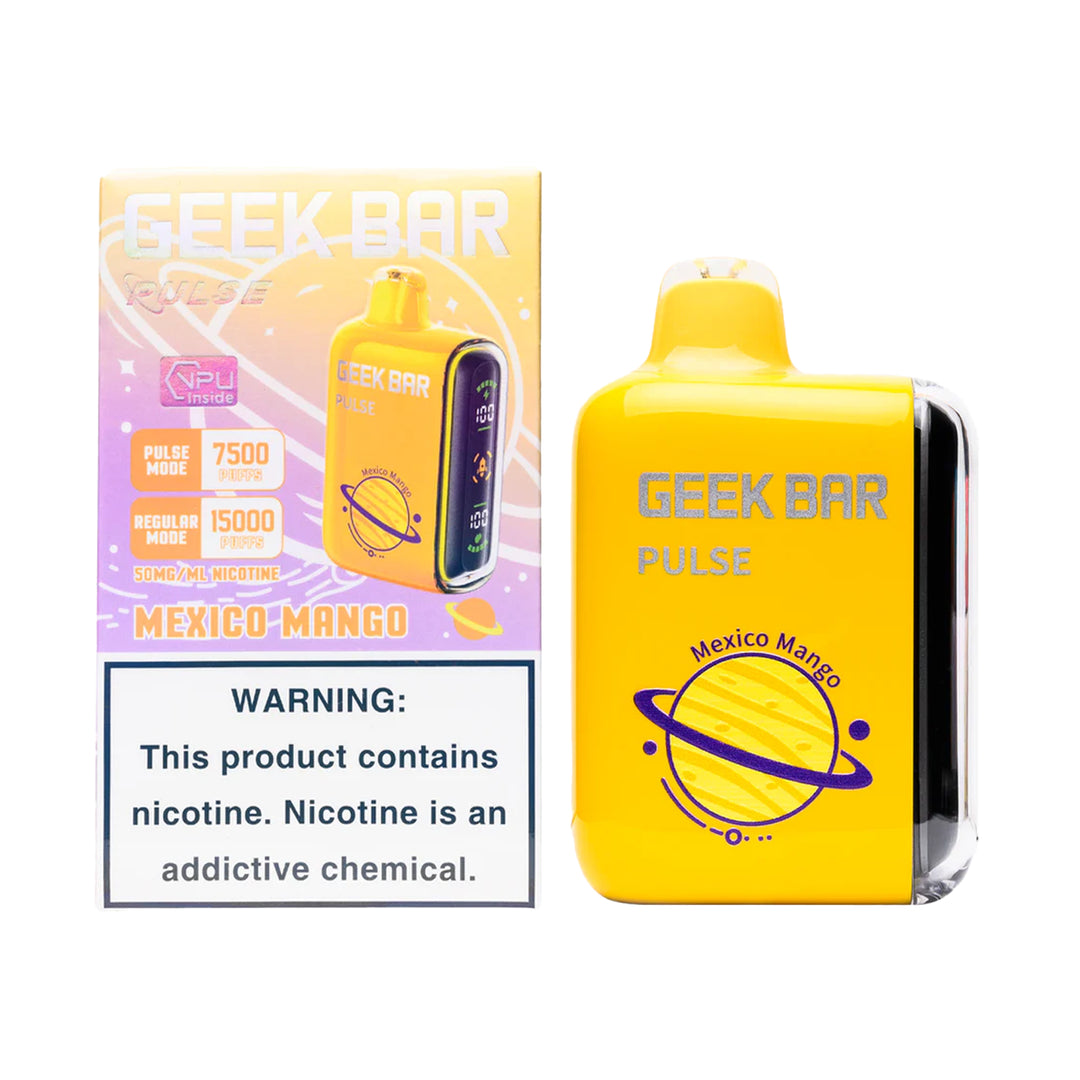 A product image of a disposable vape, the Geek Bar Pulse 15000 in the Mexico Mango flavor. The image displays both the packaging box on the left and the device itself on the right.